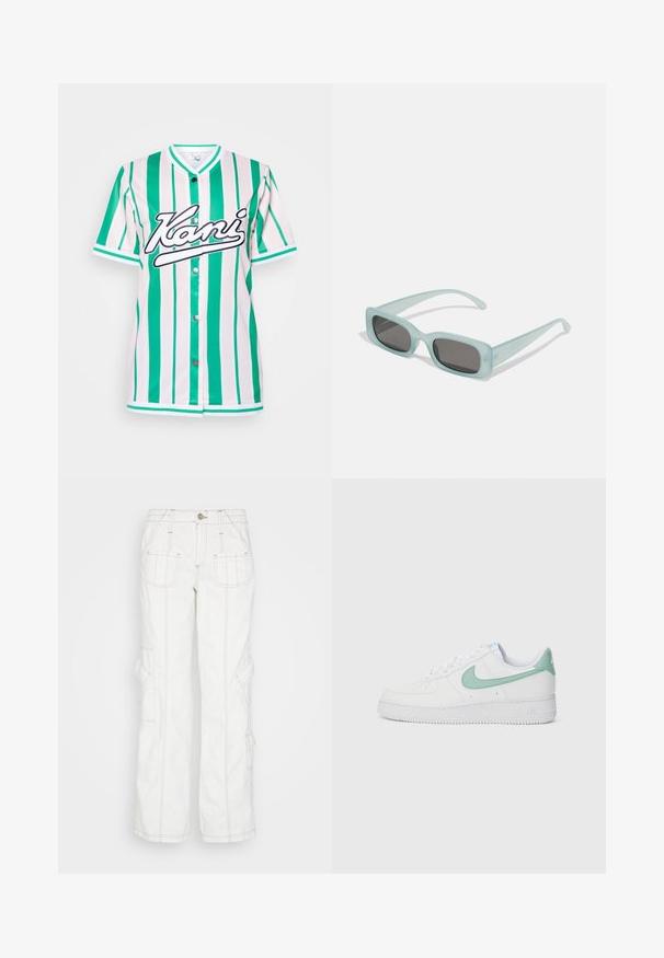 Maillot à manches courtes à rayures verticales vertes et blanches, avec un col rond, des boutons-pression et un logo "Kani" noir brodé.; BDG Urban Outfitters Jean boyfriend - white; Baskets blanches en cuir avec un swoosh Nike vert menthe et une languette au talon, semelle texturée et design classique à lacets.; Une paire de lunettes de soleil rectangulaires avec des montures translucides bleu clair et des verres gris foncé, présentant des branches droites et des détails matériels minimaux.