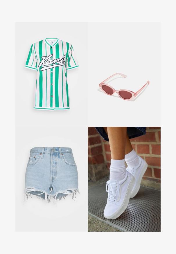 Kurzarmtrikot in grün-weißen vertikalen Streifen, mit rundem Ausschnitt, Druckknöpfen und einem schwarzen gestickten "Kani"-Logo.; Levi's® 501® ORIGINAL SHORT - Jeans Shorts - luxor edge; Weiße Leinensneaker mit Gummisohlen, ausgestattet mit sechs Ösen, runder Zehenpartie und dezenten Nähten, kombiniert mit weißen Knöchelsocken.; Pink transparente Sonnenbrille mit ovalen Gläsern, dunkler roter Tönung und schlanken Bügeln, ausgestattet mit einer glatten Oberfläche und dezenten Details am Rahmen.