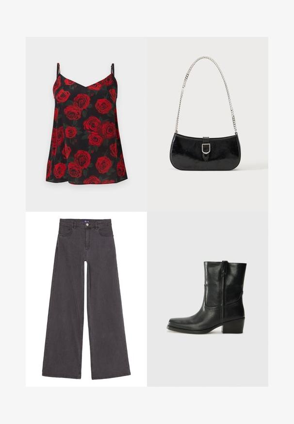 Sort camisole med rødt rosemønster, der har tynde justerbare stropper og en v-udskæring. Let, flydende stof med en blød tekstur.; Bredde ben sorte denim jeans lavet af bomuldsstof. Har fem lommer, en knaplukning foran og lige søm. Glat tekstur.; Sort læder ankelstøvle med rundt tå, blokhæl, lynlås i siden og stikninger på vampsiden. Glat tekstur, klassisk design.; Sort skuldertaske i laklæder med sølv spænde og sølv kæderem, vist mod en ensartet lys baggrund.