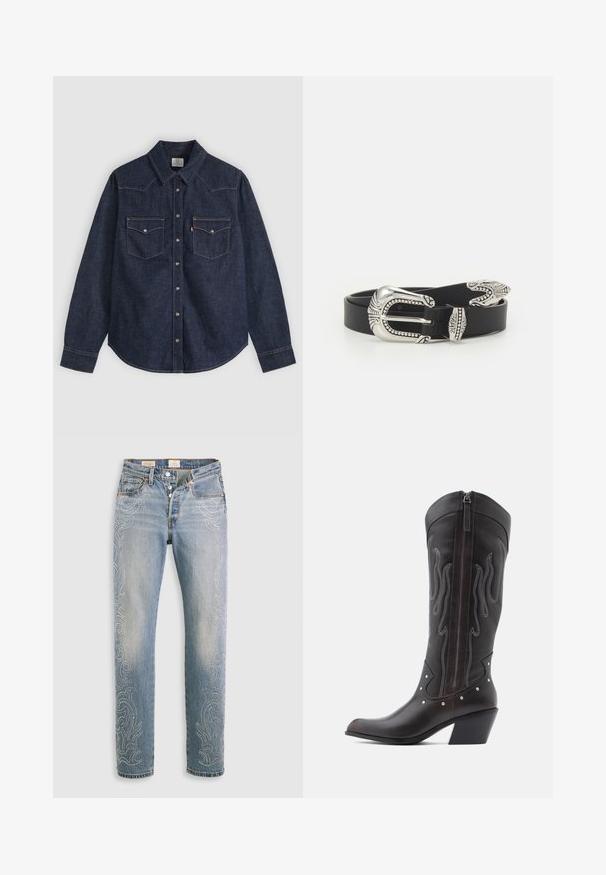 Chemise en denim bleu foncé à manches longues avec col pointu, boutons-pression à l'avant et deux poches poitrine à boutons avec surpiqûres contrastées.; Jean en denim bleu clair à taille haute, jambe droite et motifs décoratifs de perles le long des coutures extérieures. Design à cinq poches et boutons.; Bottes de cowboy en cuir marron avec surpiqûres en forme de flammes, fermeture éclair latérale, clous argentés, bout pointu et talon superposé.; Ceinture en cuir noir avec une grande boucle en métal argenté dotée de détails complexes et d'accents décoratifs à chaque extrémité.