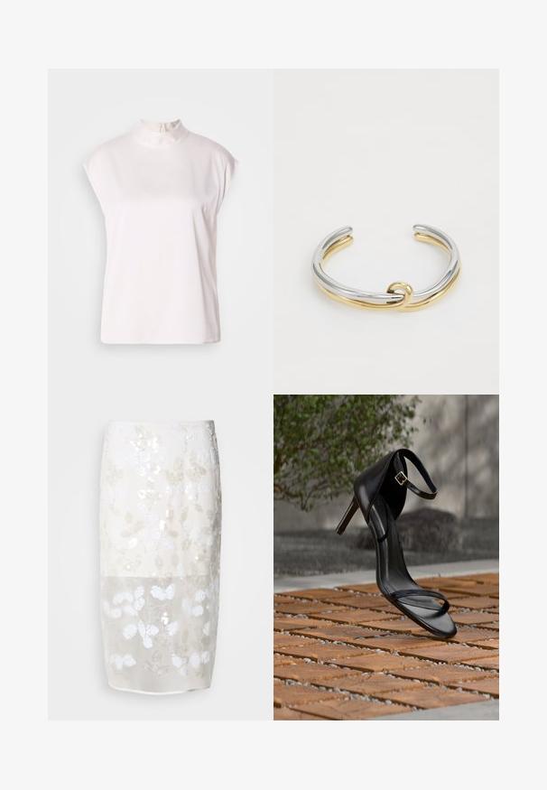 Blusa blanca sin mangas con un cuello alto y cremallera en la espalda, fabricada con una tela suave y lisa y un corte holgado. Sin patrones ni adornos.; Falda hasta la rodilla en crema con un patrón de lentejuelas florales. Capa superior semitransparente, forrada por debajo. Textura suave con varios adornos blancos.; Sandalia negra de tacón alto con correa en el tobillo, parece suspendida sobre un suelo de baldosas de madera al aire libre, con un fondo difuminado de vegetación y piedra.; Pulsera de pulsera de metal que presenta bandas entrelazadas de plata y oro con un acabado suave y pulido. Detalle de nudo notable en el centro.