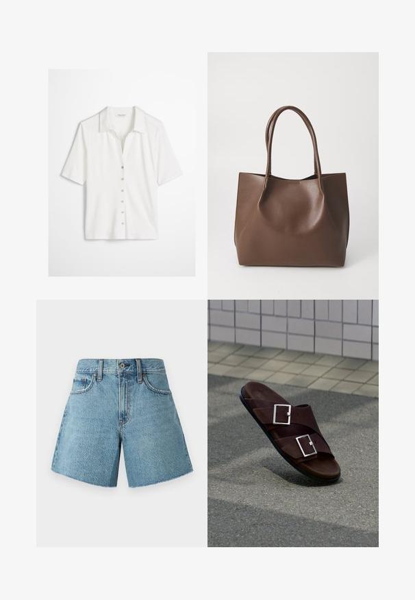 Weißes, kurzärmeliges Hemd mit Knöpfen, Kragen, sechs Metallknöpfen vorne und figurbetonter Passform auf einfarbigem Hintergrund.; Jeansshorts in hellblau, mit hohem Bund, fünf Taschen und rohem Saum. Hergestellt aus strukturiertem Baumwollstoff mit klassischem Design.; Braune Ledersandale mit zwei silbernen Schnallen, die auf einem strukturierten grauen Pflaster in der Nähe einer beige gekachelten Wand liegt.; Braune Leder-Tote mit zwei langen Tragriemen, strukturiertem Shape, glatter Textur und minimalistischem Design. Keine sichtbaren Beschläge oder Akzente.