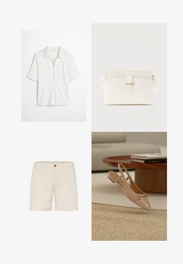 Witte kortärmelig blouse met knopen, kraag, zes metalen knopen aan de voorkant en een getailleerde pasvorm op een effen achtergrond.; Lichtbeige katoenen shorts met een knoopsluiting, opgevouwen mouwen en zijzakken. Gladde textuur en op maat gemaakt ontwerp voor comfort.; Beige leren slingback platte schoen met gouden gespdetail, zwevend in de lucht boven een geweven vloerkleed, houten salontafel en gestapelde boeken op de achtergrond.; Witte gestructureerde synthetische crossbodytas met goudkleurige details, ritssluiting en een accent met riem aan de voorkant. Twee zijhandvatten om te dragen.