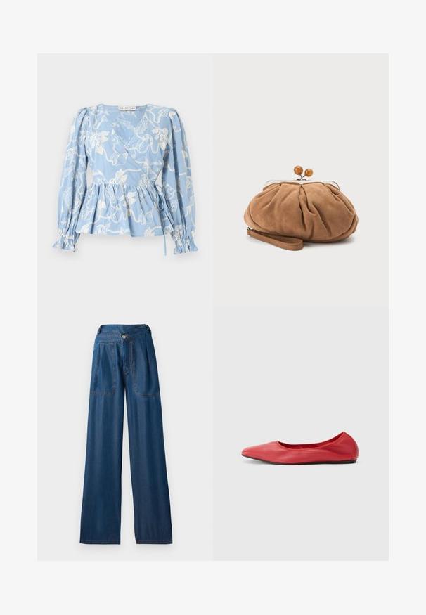 Lichtblauw wikkelblouse met lange pofmouwen, witte zee-thema borduurwerk, een strikceintuur en gerimpelde ruches aan de mouwen.; Donkerblauwe wijde jeans van denim, met twee voorzakken, een knoopsluiting en contrasterende oranje stiksels.; Filippa K REY FLATS - Ballerina's - bright red; Kleine zachte bruine suède clutch met geplooide stof, metalen sluiting, houten kraalaccenten en polsriem op een witte achtergrond.