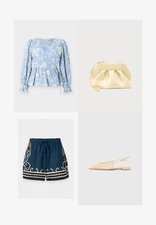Blouse portefeuille bleu clair avec manches longues bouffantes, broderie blanche sur le thème de la mer, ceinture à nouer et poignets volantés smockés.; Short bleu marine avec des volutes décoratives beige et des rayures, taille élastiquée et cordon de serrage à l’avant.; Chaussure plate slingback en beige clair avec une tige en maille, un bout pointu et un petit talon. Dotée d'une sangle ajustable pour un bon maintien.; Pochette en cuir couleur crème avec un cadre supérieur structuré et une lanière pour poignet, présentée sur un fond clair uni.