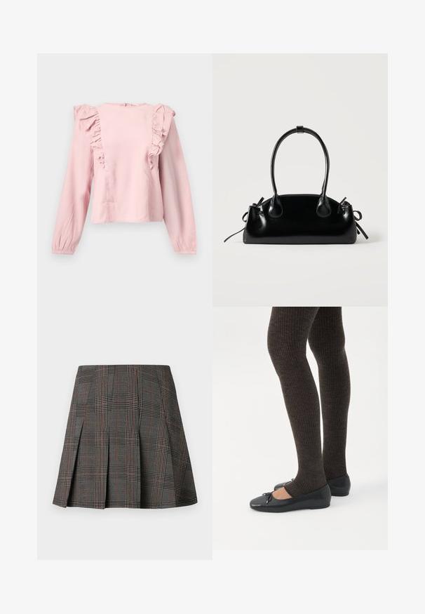 Light pink long-sleeve blouse with ruffled details along the front and shoulders, and a round neckline.; Gray plaid skirt featuring pleats, with intricate patterns of black and white, accented by thin red lines. Made from a structured fabric.; Legs wearing dark ribbed leggings paired with black ballet flats featuring small bow details on a white background.; Small black glossy handbag with two long handles and side drawstring details on a plain light background.