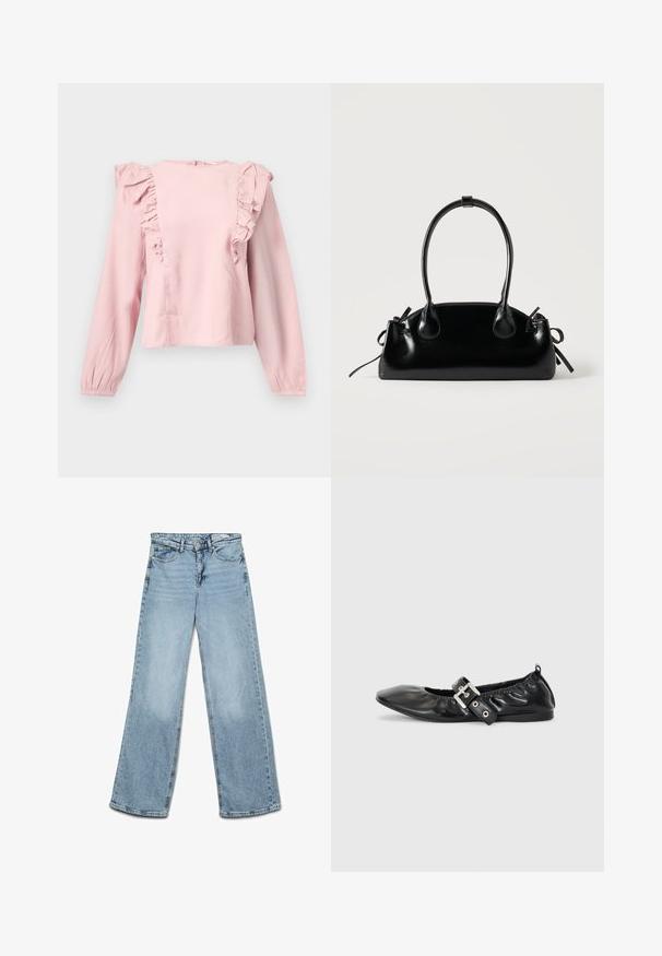 Blusa de manga larga color rosa claro con detalles de volantes a lo largo del frente y los hombros, y un escote redondo.; Vaqueros de tiro alto y pierna ancha en color azul claro, con cierre de botón y cremallera, bolsillos delanteros y traseros, y trabillas para cinturón.; Zapato plano de piel negra con puntera afilada, detalle fruncido alrededor de la abertura y un acento de hebilla plateada en la correa ajustable.; Pequeño bolso negro brillante con dos asas largas y detalles de cordón lateral sobre un fondo claro liso.