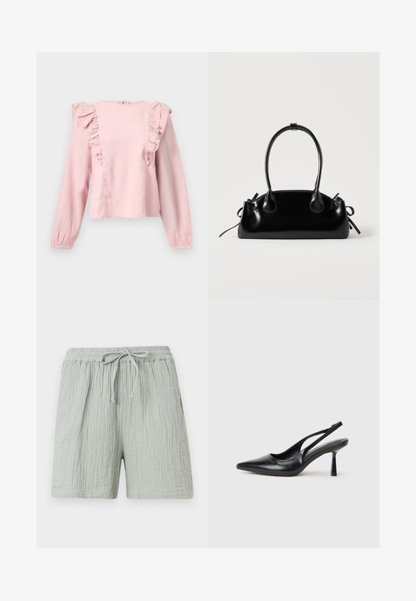 Blouse rose clair à manches longues avec des détails à volants sur le devant et les épaules, et un col rond.; Shorts en coton gris clair texturé avec une taille élastique et un cordon à nouer à l'avant, conçus pour une tenue décontractée.; Chaussure à talon haut en cuir noir, à bride arrière, avec un bout pointu et un talon fin sur fond blanc.; Petit sac à main noir brillant avec deux longues anses et des détails à cordon sur les côtés sur un fond clair uni.