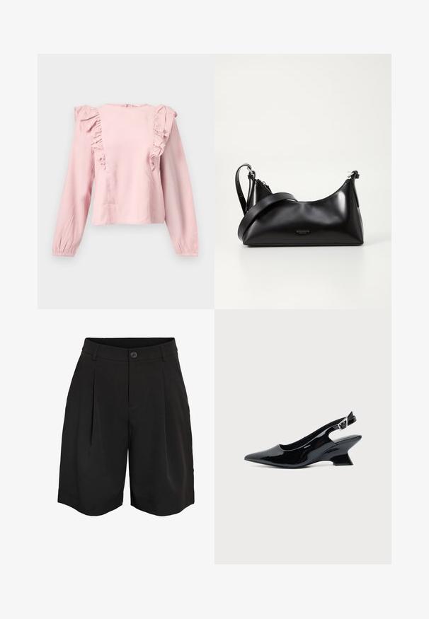 Lichtroze blouse met lange mouwen, voorzien van ruches langs de voorkant en schouders, en een ronde halslijn.; Zwarte op maat gemaakte knielange shorts met knoopsluiting, taillebandlussen en plooien aan de voorkant.; Zwarte lakleren slingback schoen met spitse neus en lage schuine blokhak op een effen lichte achtergrond.; Zwarte leren handtas met een gladde textuur. Beschikt over een verstelbare schouderband en een strak, minimalistisch ontwerp met een ritssluiting.