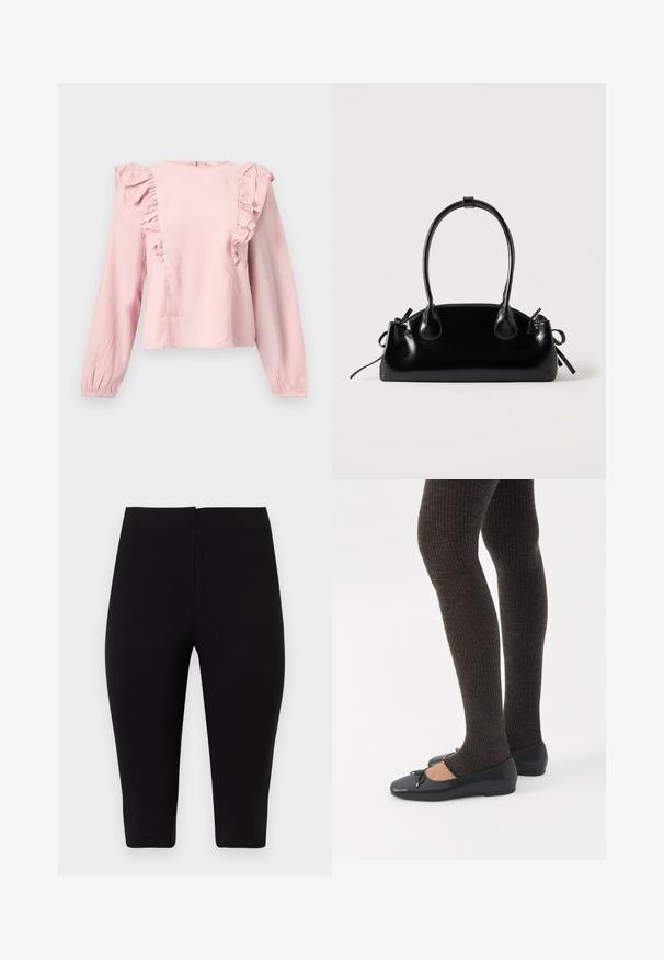 Blouse rose clair à manches longues avec des détails à volants sur le devant et les épaules, et un col rond.; Leggings courts noirs, taille haute, ajustés, avec une taille lisse, fabriqués en tissu extensible, présentés sur un fond blanc.; Jambes portant des leggings côtelés foncés associés à des ballerines noires avec de petits détails en nœud sur fond blanc.; Petit sac à main noir brillant avec deux longues anses et des détails à cordon sur les côtés sur un fond clair uni.