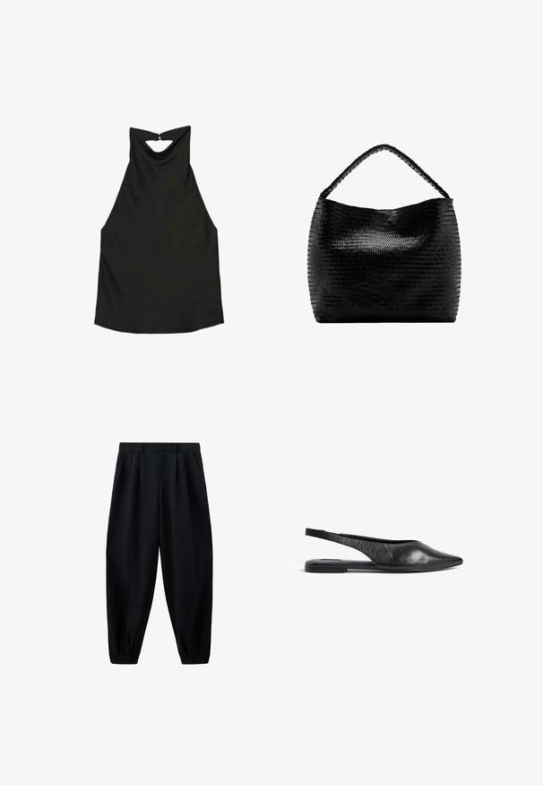 Čierny bezrukávový halter top s vysokým výstrihom a malým výrezom na chrbte, ktorý je upevnený gombíkom.; Čierne nohavice s vysokým pásom, zúžené, s plisami v páse a na manžetách, a bočnými vreckami, zobrazené na bielom pozadí.; Čierne kožené slingback baleríny s špicatou špičkou a minimalistickým dizajnom. Obsahujú elegantný profil a tenký opätok pre stabilitu.; Čierna tkaná kabelka s jedným zapleteným uchom a širokým, mäkkým obdĺžnikovým tvarom na bielom pozadí.