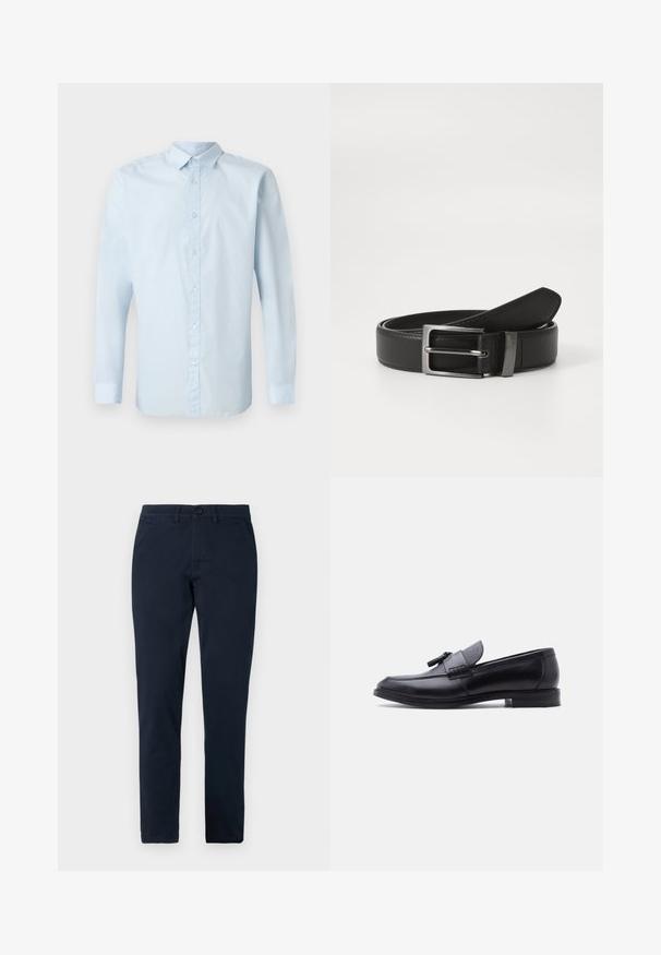 Helles blaues Langarmhemd aus glattem Stoff, mit durchgehender Knopfleiste, klassischem Kragen und geknöpften Manschetten.; Herren Slim-Fit schwarze Hose mit vorderem Knopf- und Reißverschluss, Gürtelschlaufen und Seitentaschen.; Schwarzer Leder-Slipper mit strukturiertem grauem Stoffeinsatz und Quastendetail, niedriger Absatz und abgerundete Spitze, seitliche Ansicht auf weißem Hintergrund.; Schwarzer Ledergürtel mit einer silbernen Metallschnalle, der eine glatte Oberfläche und ein klassisches Design aufweist. Der Gürtel ist ordentlich gefaltet.