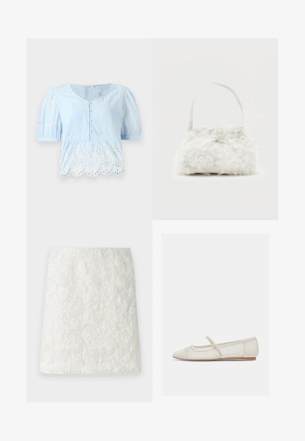 Blouse bleu clair à manches bouffantes courtes, ornée de motifs floraux brodés et d'un ourlet en dentelle festonnée. Quatre boutons fonctionnels à l'avant.; Jupe mini blanche avec une surface texturée ornée de motifs floraux en relief ressemblant à des roses, fabriquée en tissu léger.; Chaussure plate ivoire à bout pointu avec bride ornée de perles et petit talon en bois, vue de côté sur un fond clair.; Petit sac à main blanc orné de roses en tissu recouvrant le corps et d'une fine anse unique, sur un fond uni.