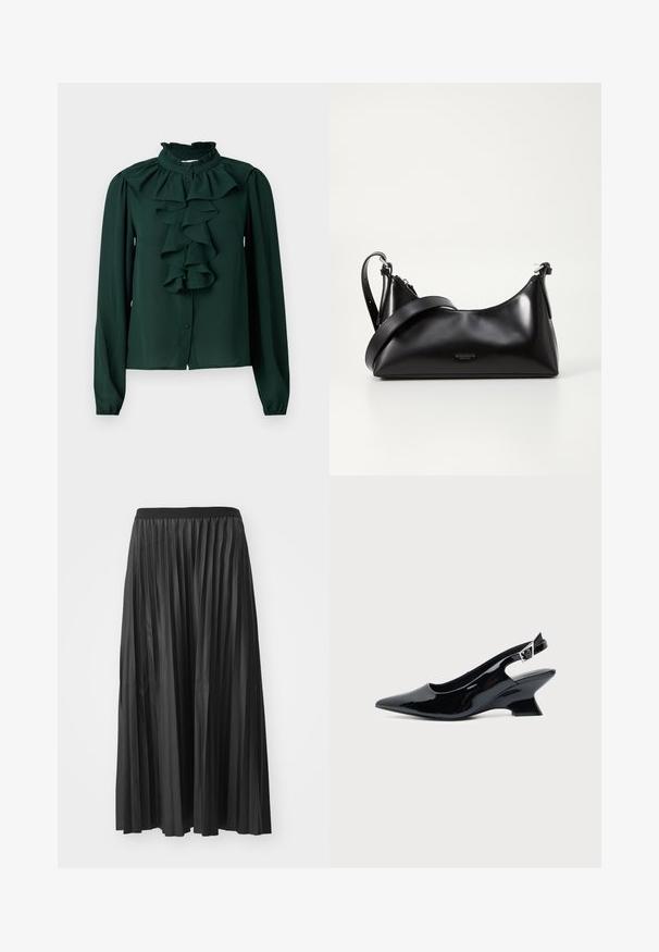 Donkergroene blouse van lichtgewicht stof met lange mouwen, een gerimpelde kraag en een centrale rimpeldetail, met knoopsluitingen.; Zwarte geplisseerde maxi rok met een gladde textuur en een elastische tailleband, met verticale plooien die volume en beweging creëren.; Zwarte lakleren slingback schoen met spitse neus en lage schuine blokhak op een effen lichte achtergrond.; Zwarte leren handtas met een gladde textuur. Beschikt over een verstelbare schouderband en een strak, minimalistisch ontwerp met een ritssluiting.