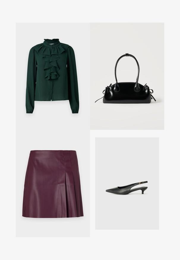 Mørkegrøn bluse lavet af letvægtsstof med lange ærmer, en flæsekrave og en central flæse detalje, med knaplukninger.; ONLY ONLARTZY Short - Mini skirts - mauve wine; Sorte spidse slingback-sko lavet af glat læder. Har en tynd hæl og en spænde detalje på den justerbare rem.; Lille sort blank håndtaske med to lange håndtag og snøre-detaljer i siden på en ensfarvet lys baggrund.