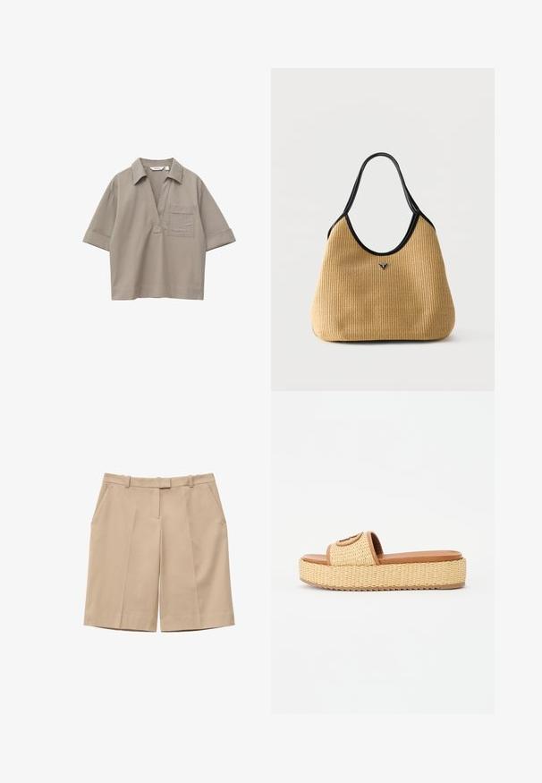 Beige overhemd met korte mouwen, open kraag, borstzak en omslagmouwen, getoond tegen een witte achtergrond.; Beige shorts met hoge taille, riemlussen, voorplooien, zijzakken en een verborgen ritssluiting aan de voorkant.; Geweven stro slide sandalen met een tan kleurige faux leren band en een platformzool, voorzien van een textuur en een cirkelvormig accentdetail.; Beige geweven schoudertas met zwarte bies en handvatten, met een klein driehoekig logoplaatje in het midden aan de voorkant.