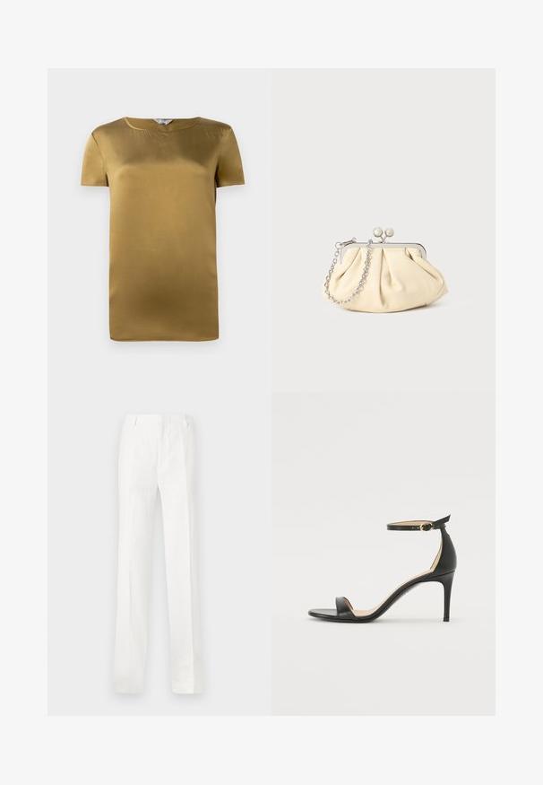 T-shirt à manches courtes en satin vert olive, avec un col rond et une texture lisse. Design simple avec une coupe droite et sans ornements.; Pantalon blanc à jambe droite en tissu léger. Doté d'un devant plat, de passants de ceinture et sans motifs ni décorations visibles.; Sandale à talons hauts en cuir noir avec une lanière de cheville. Présente une texture lisse, un bout ouvert et un talon fin. Détail de boucle en ton doré.; Pochette en cuir beige plissé avec un cadre en métal argenté, dotée de deux fermoirs ronds décoratifs et d'une chaîne en argent.