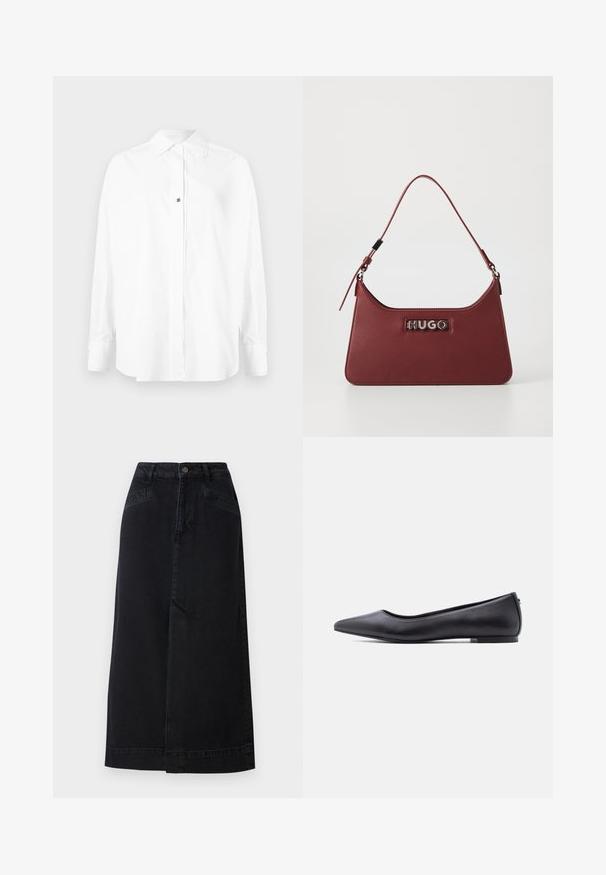 Weißes Langarmhemd aus glattem Stoff, mit spitzem Kragen, Knopfleiste und einem kleinen Logodetail in der Mitte.; Schwarzer Denim-Midikleid mit gerader Form, Druckknopfverschluss vorne und seitlichen Taschen mit dezenten Nähte.; Schwarzer flacher Lederschuh mit spitzer Kappe und niedrigem Absatz, seitlich vor weißem Hintergrund gezeigt.; Kleine rechteckige burgunderfarbene Lederhandtasche mit verstellbarem Riemen und silberner "HUGO"-Logoplatte auf der Vorderseite.