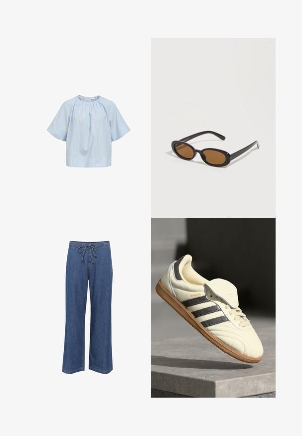 Lyseblå bluse med korte ærmer og subtile lodrette striber og en rund halsudskæring med rynker, designet til en løs pasform.; Denim bukser med bred ben og snoreliv, i en mellemblå farve, lige pasform og diskrete sømdetaljer.; Cremefarvede lædersneakers med tre mørke striber, en brun gummisål og en afrundet tå. Har en foldbar tunge mærket "SAMBA."; Solbriller med ovale brune linser, sorte plastikstel og tynde arme. Glat tekstur med et minimalistisk design.