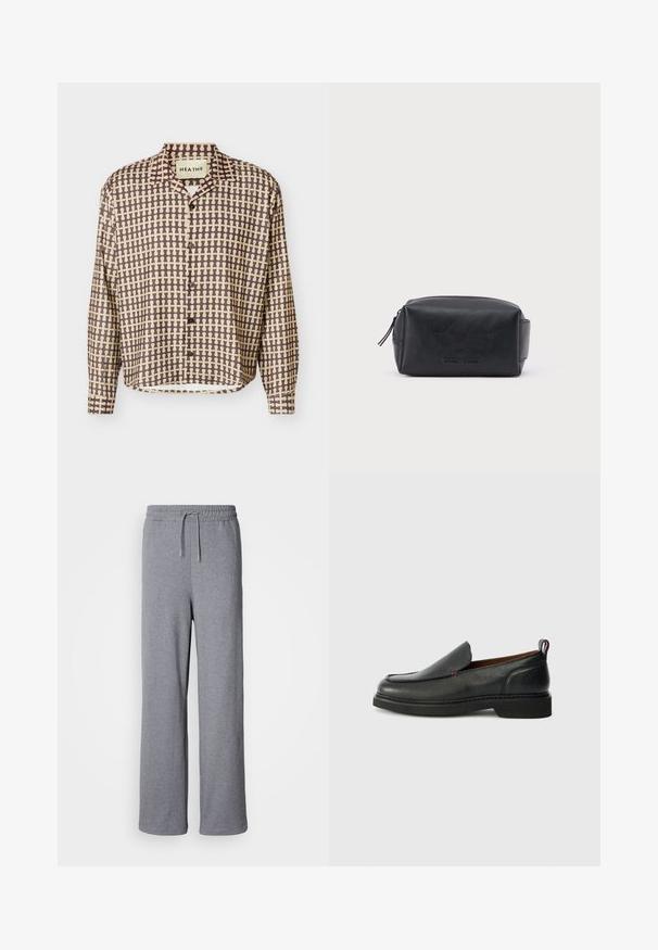 Overhemd met lange mouwen en knopen, met een abstract ruitpatroon in bruin en beige en een spreidkraag, weergegeven op een witte achtergrond.; Grijze, wijdvallende joggingbroek van zachte stof; voorzien van een elastische tailleband met koord en zonder zakken. Eenvoudig, onopgesmukt ontwerp.; Zwarte leren instapschoen met een ronde neus, een gestructureerde bovenzijde, contrasterende rode stiksels en een lage hak. Voorzien van een lusvormige trekstrip.; Zwarte rechthoekige leren toilettas met rits en geperst merkembleem aan de voorkant, geplaatst tegen een effen witte achtergrond.