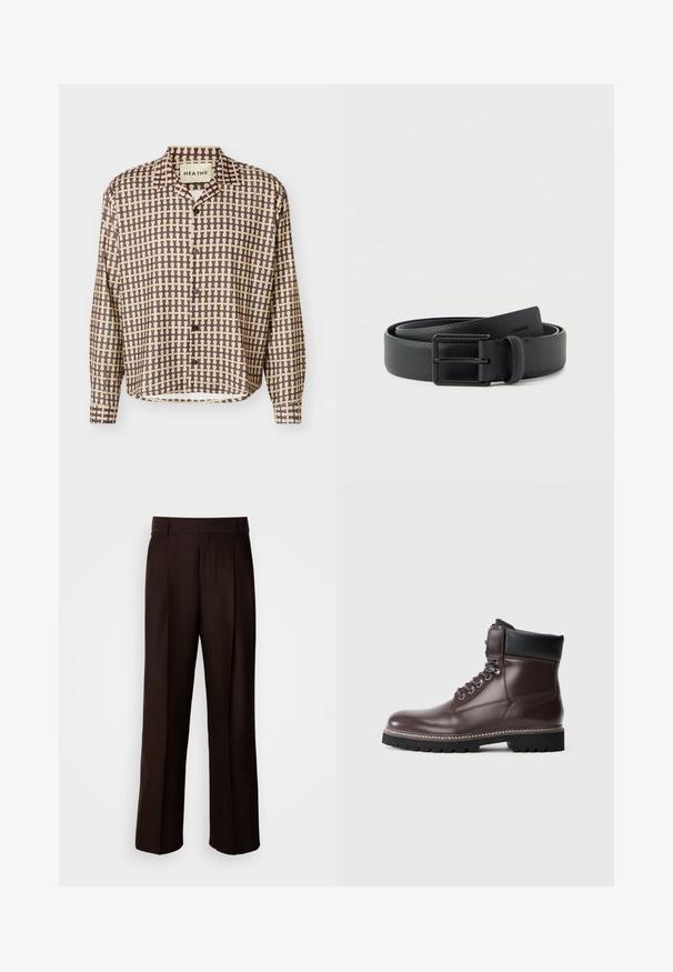 Langærmet skjorte med knapper, med brunt og beige abstrakt gittermønster og en spredt krave, vist på en hvid baggrund.; Brune skræddersyede bukser med lige ben, featuring en frontfold, glat texture og klassisk talje. Egnet til formelt brug.; Brune læder ankelstøvle med sort polstret krave, skridsikker sål, metaløje og to-tonet snørebånd mod en ensfarvet grå baggrund.; Sort tekstureret læderbælte snoet sammen med mat sort rektangulært metalspænde på en ensfarvet hvid baggrund.