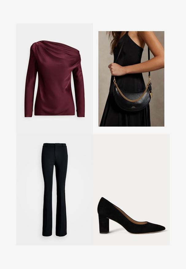 Bordeauxfarvet satin-top med lange ærmer, asymmetrisk draperet halsudskæring og lynlåsdetalje ved manchet, der giver en glat, blank tekstur.; Sorte flared bukser lavet af glat stof. Har en flad forreste talje, en slim fit gennem låret og en bred benåbning.; Damskoledressko i sort ruskind med lav blokhæl, spids tå og beige indvendig for på hvid baggrund.; Kvinde i en sort kjole, der holder en sort læderhåndtaske i halvmåneform med en guldkæde og rem over skulderen.