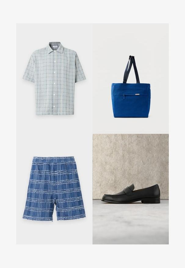 Kurzärmliges Hemd mit Knöpfen, blau-weiß kariertes Muster, Umschlagkragen und weißen Knöpfen vorne.; Denim-Shorts mit fransigem Saum, die ein blaues Karomuster aufweisen. Elastischer Bund, gerader Schnitt und weiche Textur.; Schwarzer Leder-Slipper schwebt über einem beigen Teppich, im Hintergrund ein glänzender, runder brauner Tisch.; Blaue Canvas-Einkaufstasche mit einer vorderen Reißverschlusstasche, doppelten Schulterriemen und rechteckiger Form. Verfügt über ein dezentes Markenlabel.