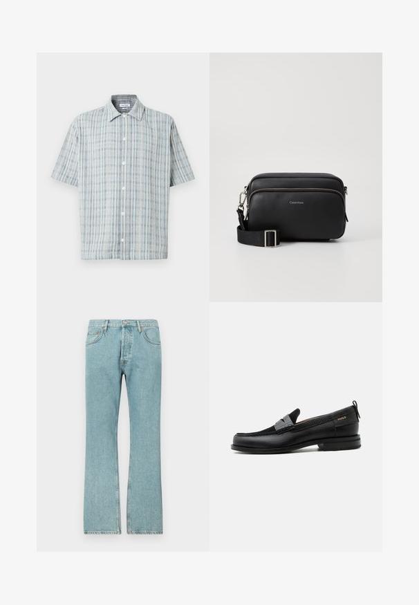 Korte mouwen overhemd met knopen en een blauw-wit ruitpatroon, spreidkraag en witte knopen aan de voorkant.; Lichtblauwe denim jeans met een recht model, voorzien van vijf zakken en een knoopsluiting. Zichtbare stiksels en rafelige zoomdetails.; Zwarte leren loafer met grijs riemdetailelement, lage hak en gestructureerde zool, aan de zijkant gebrandmerkt met "HUGO" in goud.; Zwarte leren schoudertas met twee ritscompartimenten, gestructureerd afwerking, verstelbare schouderband en zilveren hardware-accenten. Calvin Klein-logo zichtbaar.