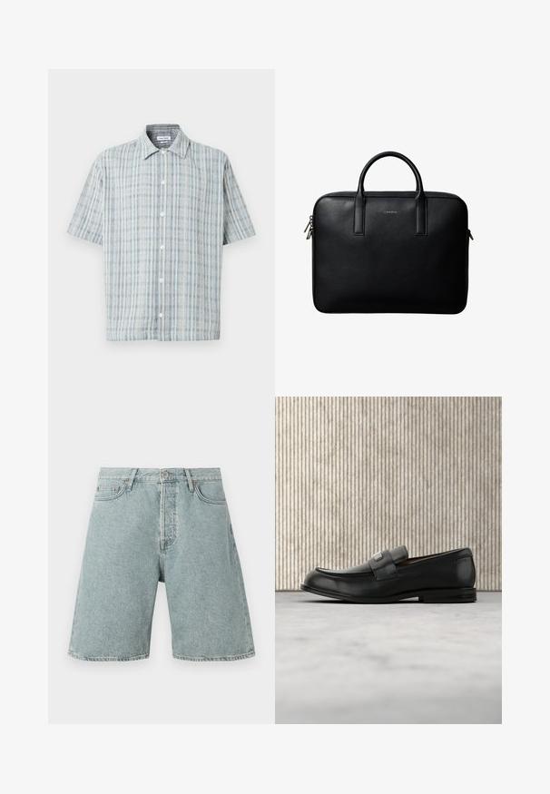 Korte mouwen overhemd met knopen en een blauw-wit ruitpatroon, spreidkraag en witte knopen aan de voorkant.; Lichtblauwe denim shorts met een relaxed fit, vijf zakken en een knoopsluiting. Verweerde textuur met zichtbare stikdetails.; Zwarte leren loafer met een metalen merktekenplaatje, rustend bij een bruine ronde tafel op een beige tapijtvloer.; Zwarte gestructureerde leren aktetas met dubbele handvatten en zilveren ritstrekkers, gecentreerd op een witte achtergrond.