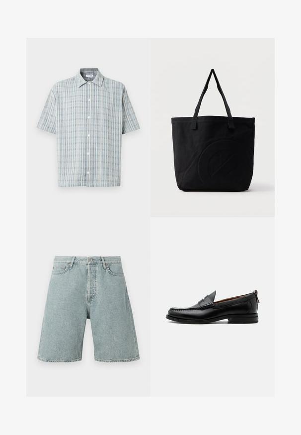 Kortærmet skjorte med knapper, blå og hvid ternet mønster, spredt krave og hvide knapper ned foran.; Lysblå denim shorts med en afslappet pasform, fem lommer og knaplukning. Slidt udseende med synlige sømdetaljer.; Sort læder herre loafer med moc-tå syning, penny strop, struktureret krave og lav stablet hæl på hvid baggrund.; Sort canvas-tote-taske med to skulderstropper og et diskret præget cirkeldesign på fronten.