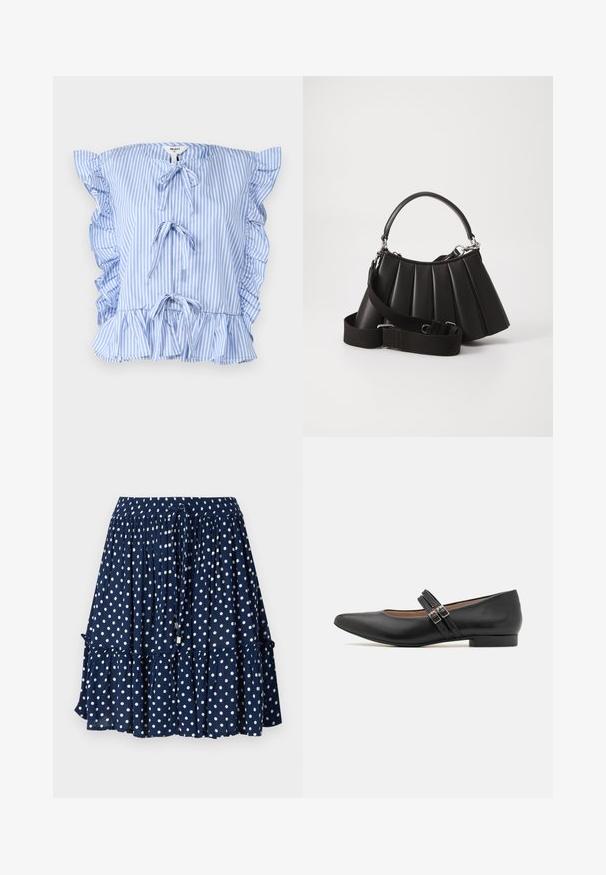 Gestreepte blauw-witte blouse met ruches aan de mouwen, voorste strikken en een geraffineerde zoom. Gemaakt van lichtgewicht stof met een zachte textuur.; Marineblauwe rok met witte stippen, met een ruches zoom en een elastische tailleband met een trekkoord voor een verstelbare pasvorm.; Zwarte leren Mary Jane-stijl schoen met puntige neus, twee riempjes met gesp, lage hak en een gladde textuur. Ontworpen voor een formele uitstraling.; Zwarte geplooide handtas met een ronde handgreep, verstelbare schouderriem en glanzende textuur. Heeft zilveren hardware en een gestructureerde silhoutte.