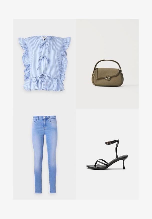 Gestreifte blaue und weiße Bluse mit Rüschenschäften, Frontbindebändern und einem gerafften Saum. Hergestellt aus leichtem Stoff mit einer weichen Textur.; Helle blaue Skinny-Jeans mit einem ausgeblichenen Waschung, ausgestattet mit einem Fünf-Taschen-Design, vorderem Knopfverschluss und einem sauberen Saum.; Schwarze High-Heels-Sandalen mit einem schmalen Riemendesign, glatter Textur, Knöchelverschluss und einer spitzen Fußspitze. Verstellbares Knöchelriemchen.; Kleine olivgrüne Handtasche mit abgerundeten Kanten, einem oberen Griff und einer Klappe, die durch einen runden Metallverschluss gesichert ist.