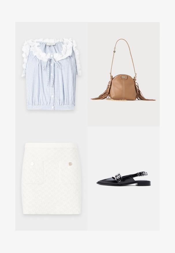 Blå og hvid ternet cropped bluse med en rynket hvid blondekrave, frontknapper og en snøre i halsen.; Kort hvid nederdel med et tekstureret mønster, der har to forlommer og dekorative knapper i gyldent metal. Elastisk talje for komfort.; Sort laklæder flat sko med spids tå, dobbelte sølvspænder og slingback-hæl på hvid baggrund.; Lille tanfarvet læder skuldertaske med lang rem, guldkæde detalje og frynser på begge sider mod en neutral baggrund.