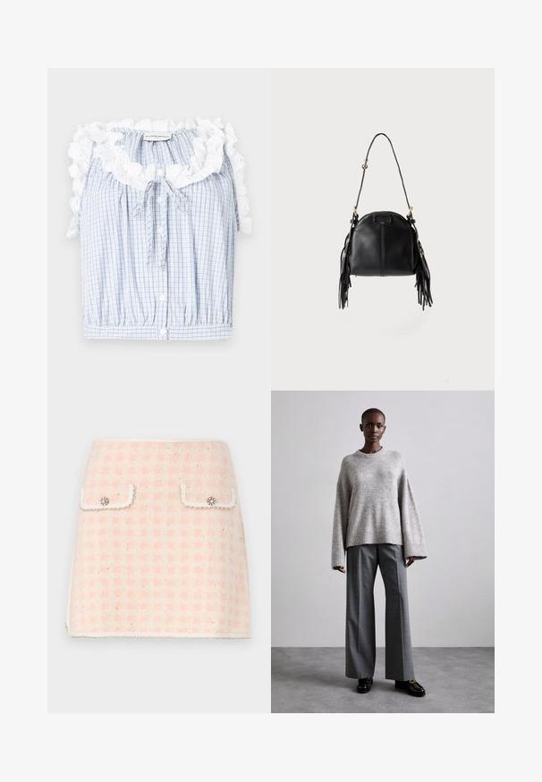 Blå og hvid ternet cropped bluse med en rynket hvid blondekrave, frontknapper og en snøre i halsen.; Uld mini nederdel i lyserød og crème ternet mønster, med to forlommer med dekorative knapper og en frynset kant.; Grå strikket sweater med brede ærmer og ribbet kant, parret med høj-taljede grå bukser med et subtilt ternet mønster og sorte loafers.; Sort læderhåndtaske med en buet form, lang justerbar rem og frynser på begge sider mod en lys baggrund.