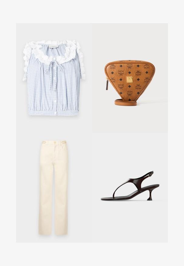 Blå og hvid ternet cropped bluse med en rynket hvid blondekrave, frontknapper og en snøre i halsen.; Rabanne Jeans Straight Leg - off white denim; Mørkebrun laklædersandal med rem bagpå, lille hæl og tårem på hvid baggrund.; Brun trekantet lædertaske med sort MCM-logo, guldmetalmærke og lynlås på hvid baggrund.