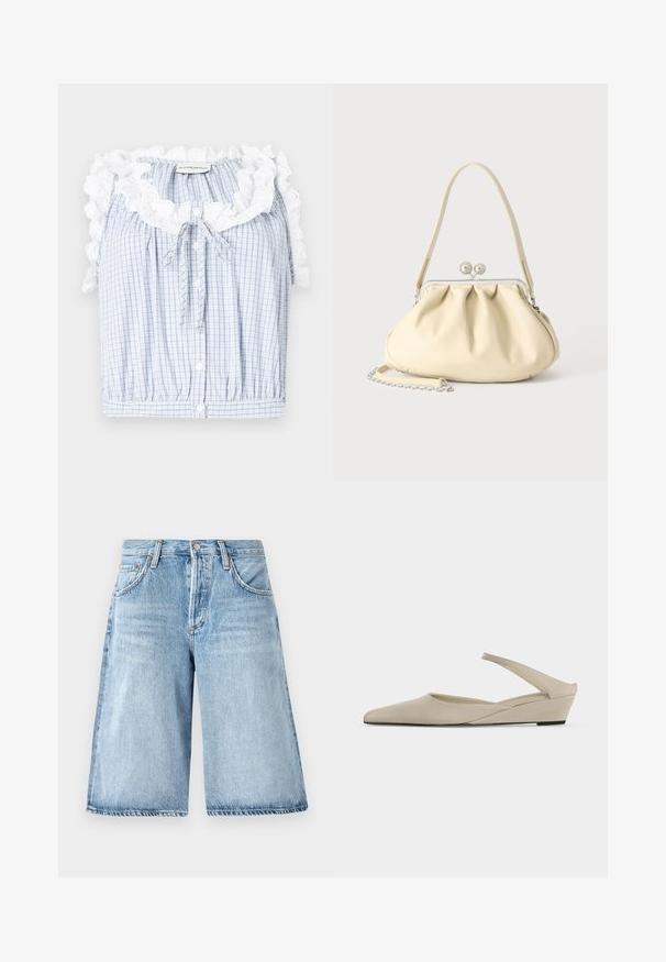 Καρό μπλουζάκι σε μπλε και λευκό, με ρυάκι λευκής δαντέλας στον γιακά, μπροστινά κουμπιά, και κορδόνι στο λαιμό.; Ανοιχτό μπλε τζιν σορτς με χαλαρή εφαρμογή, που διαθέτει ψηλή μέση, σχέδιο με πέντε τσέπες και ελαφριά φθορά στο ύφασμα.; Μπεζ γυναικείο παπούτσι με χαμηλό σφήνωτο τακούνι, λουράκι πίσω, μυτερή μύτη και ματ λεία επιφάνεια, σε πλευρική όψη σε λευκό φόντο.; Τσάντα από μαλακό δέρμα σε μπεζ απόχρωση με σούρες, ασημένιο κούμπωμα με πλαίσιο, κοντή λαβή και αποσπώμενο αλυσίδα.