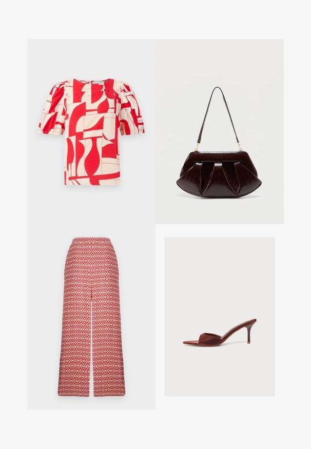 Punainen ja kerma lyhythihainen paita, jossa on rohkea geometrinen printti. Ominaisuuksiin kuuluvat puffihihat ja pyöreä pääntie, ja se on valmistettu pehmeästä kankaasta.; Punaiset kuviolliset culottes-housut, joissa on timanttimäinen kuvio, joustava vyötärö ja leveät lahkeet, jotka tarjoavat mukavuutta ja liikkumisen helppoutta.; Ruskea satiininen avokärkinen mule-kengän, jossa on kapea keskipitkä korko ja slip-on-malli yksinkertaista vaaleaa taustaa vasten.; Tummanruskea nahkainen käsilaukku, jossa on kerätyt laskokset, kullanväriset metalliosat ja yksittäinen olkahihna yksiväristä vaaleaa taustaa vasten.