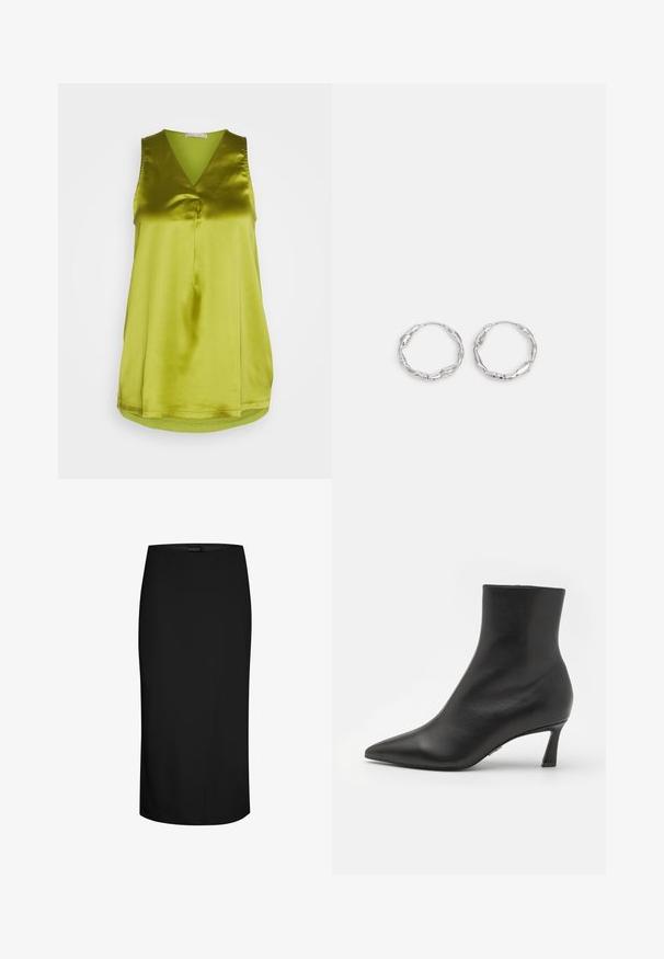 Anna Field by Zalando Bluse - green; Sort knælængde blyantskørte med tætsiddende pasform og minimale sømdetaljer på hvid baggrund.; Steve Madden LULAH - Ankelstøvler - black; Sølv hoops med en bølget, uregelmæssig tekstur. Har en tynd, cirkulær form og en reflekterende finish.