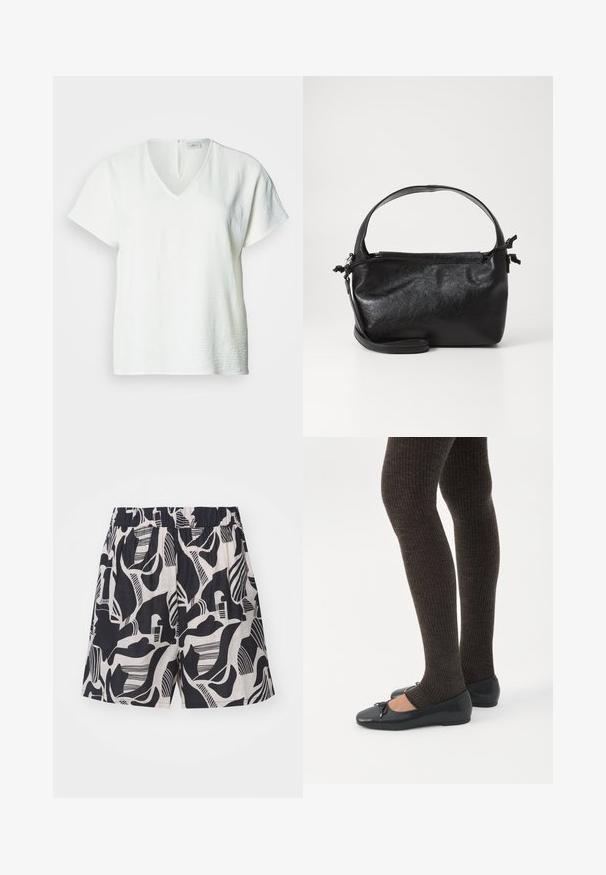 Hvid v-hals bluse med korte ærmer, tekstureret stof, løs pasform og en lille lukning på ryggen.; Sort og creme mønstrede shorts med abstrakte designs, en elastisk talje og en løs pasform, lavet af letvægtsstof.; Ben iført mørke ribbede leggings kombineret med sorte balletsko med små sløjfedetaljer på hvid baggrund.; Sort læderhåndtaske med et struktureret design, rund tophåndtag og aftagelig skulderrem. Den har en glat tekstur og en subtil glans.