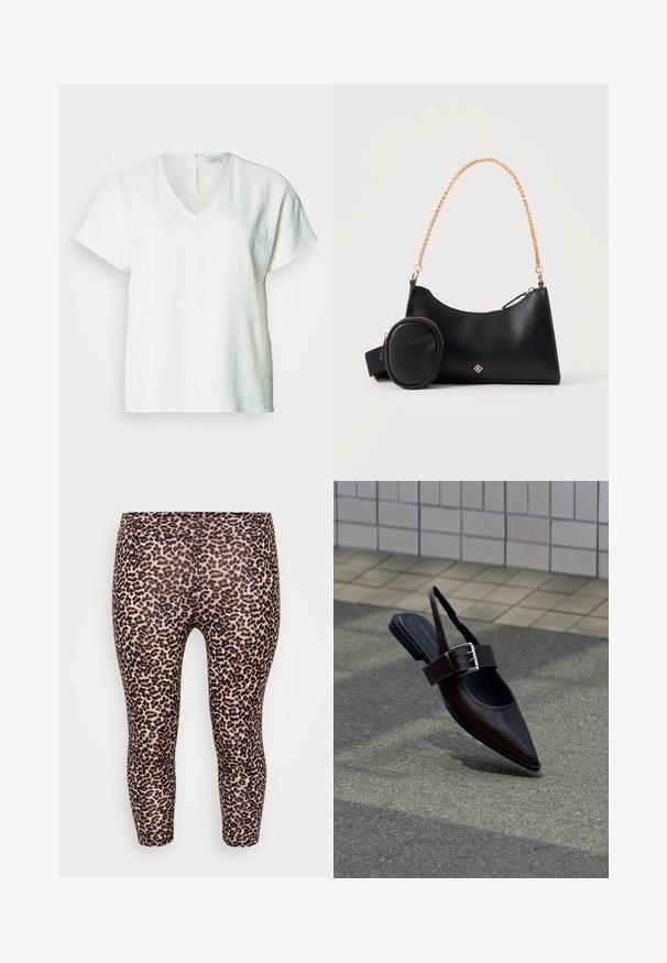 Hvid v-hals bluse med korte ærmer, tekstureret stof, løs pasform og en lille lukning på ryggen.; Løveprint leggings med en tætsiddende design, elastisk talje, glat tekstur og en lys beige baggrund med mørkebrune pletter.; Mørkebrune flade slingback-sko med spids tå, bred rem og stor sølvspænde på asfalt nær flisebelagt væg.; Sort læderhåndtaske med lille tilhæftet pung og guldkæde-rem på en ensartet lys baggrund.