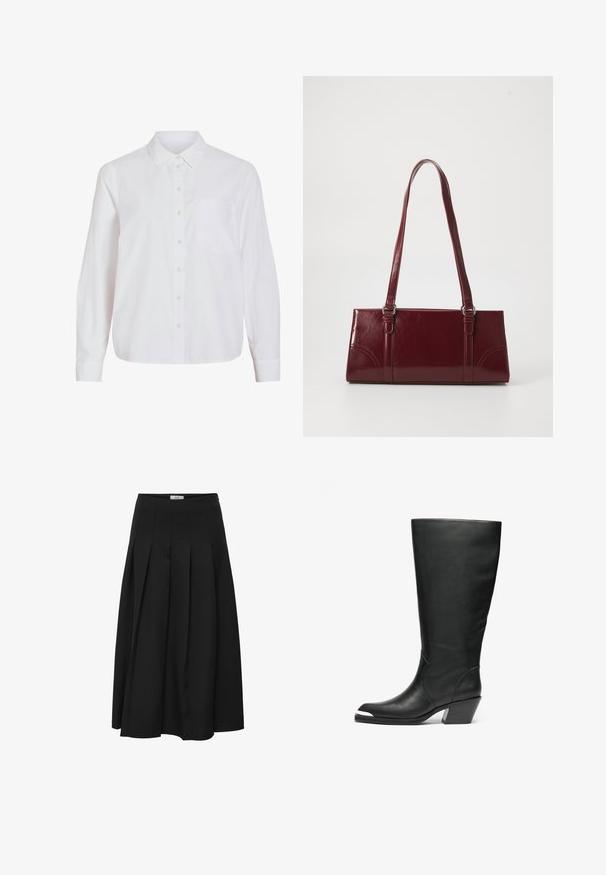 Chemise blanche à manches longues, boutonnage frontal, col classique, poche poitrine unique, confectionnée dans un tissu lisse et léger avec une coupe décontractée.; Jupe midi plissée noire en tissu lisse. Elle présente une taille haute et une silhouette fluide avec des plissés soigneusement cousus.; Bottes noires en cuir hautes avec une pointe fermée et un design découpé. Elles présentent un talon épais et une texture lisse. Les détails sur les panneaux latéraux sont remarquables.; Sac à main bordeaux en matériau brillant, de forme rectangulaire, avec deux anses et des accents légèrement courbés à l'avant.