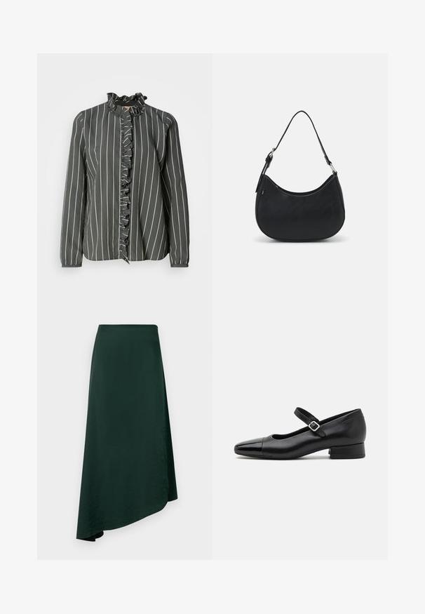 Mos Mosh STRIPE SHIRT - Hemdbluse - urban chic; Dunkelgrüner Wickelrock aus glattem Stoff, mit asymmetrischem Saum und einem nahtlosen Bund für ein sauberes Design.; Schwarze Leder-Mary-Jane-Schuhe mit einer patentierten Zehenkappe, verstellbarem Knöchelriemen und niedrigem Blockabsatz. Glatte Textur und elegantes Design.; Schwarze Hobo-Tasche aus glattem Leder mit einer geschwungenen Silhouette, ausgestattet mit einem einzelnen verstellbaren Trageriemen und minimalistischem Design.