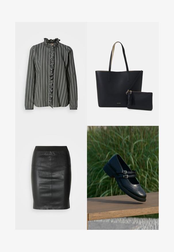 Mos Mosh STRIPE SHIRT - Overhemdblouse - urban chic; Zwarte kokerrok van soepel leer, met een elastische tailleband voor een aansluitende pasvorm en een minimalistisch ontwerp.; Zwarte leren Mary Jane-schoen met dubbele gespsluitingen en brogue-details, zwevend boven een houten bankje met groene grasachtergrond.; Zwarte totebag van gestructureerd materiaal, met twee lange handvatten en een afneembare tas met rits voorzien van een franjesdetail. Gouden merklogo zichtbaar.