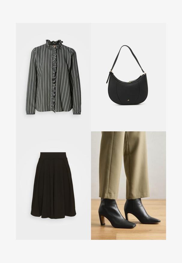Mos Mosh STRIPE SHIRT - Hemdbluse - urban chic; Schwarz gefaltetem Rock mit einem breiten, elastischen Bund. Hergestellt aus einem weichen Stoff, mit einem knielangen Saum und glatter Textur.; Schwarze Leder-Ankle-Boots mit spitzer Zehenpartie, quadratischem Absatz und glatter Textur, kombiniert mit beigen maßgeschneiderten Hosen.; Schwarze Lederhandtasche mit geschwungenem Design, strukturiertem Material, vorderen Nähten und einem Logo in Goldtönen. Verfügt über einen einzelnen verstellbaren Tragegurt.