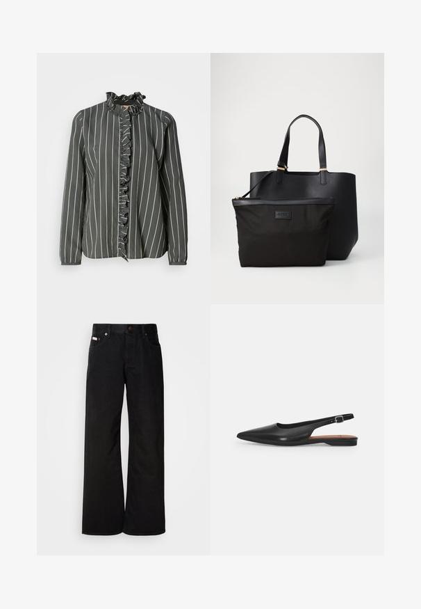Mos Mosh STRIPE SHIRT - Nööpidega pluus - urban chic; Mustad lai jalad teksased, mis on valmistatud puuvillast. Omab esitaskuid, nööbikinnitust ja klassikalist teksakanga tekstuuri. Minimalistlik disain ilma mustriteta.; Must musta slingback kingad terava ninaga, õrna läikega ja reguleeritava ankle strapiga. Lame konts ja pruun sisetald.; Must tume mustaga siledast sünteetilisest nahast ja mustast kangast tõmbepakiga, millel on kuldse tooni riistvara ja sissepressitud brändi logo.