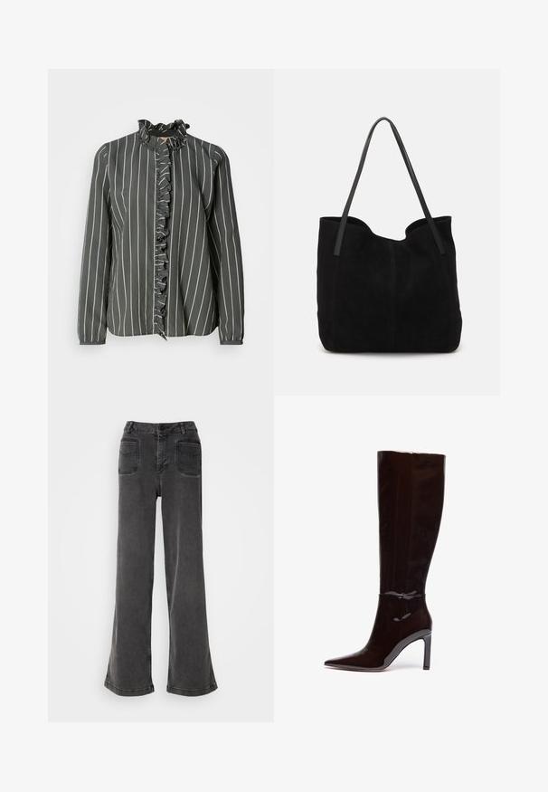 Mos Mosh STRIPE SHIRT - Overhemdblouse - urban chic; Hoge taille, wijd-uitlopende zwarte jeans gemaakt van denim, met een knoopsluiting, riemlussen en twee achterzakken met gestikte accenten.; Zwarte laarzen van patentleer tot aan de knie met een spitse neus en stiletto hak, met een gladde, glanzende textuur en een gestroomlijnd ontwerp.; Zwarte suede tote bag met twee lange, platte leren handvatten. Heeft een gebogen bovenrand en zichtbare stiksels aan de voorkant. Geen hardware-accenten.