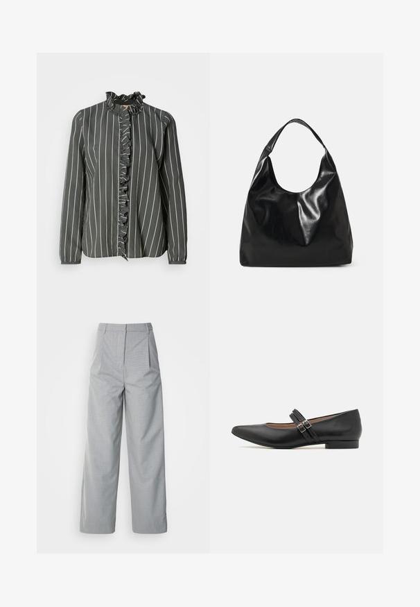 Mos Mosh STRIPE SHIRT - Skjortebluser - urban chic; Grå bredebukser lavet af tekstureret stof, med høj talje, læg foran og en lige pasform ned til kanten.; Sort læder Mary Jane-sko med spids tå, to remspænder, lav hæl og glat tekstur. Designet til et formelt udseende.; Sort læder hobo taske med en blød, skinnende tekstur og en rund, åben top. Har en bred, buet strop til bæring. Ingen synlig hardware.