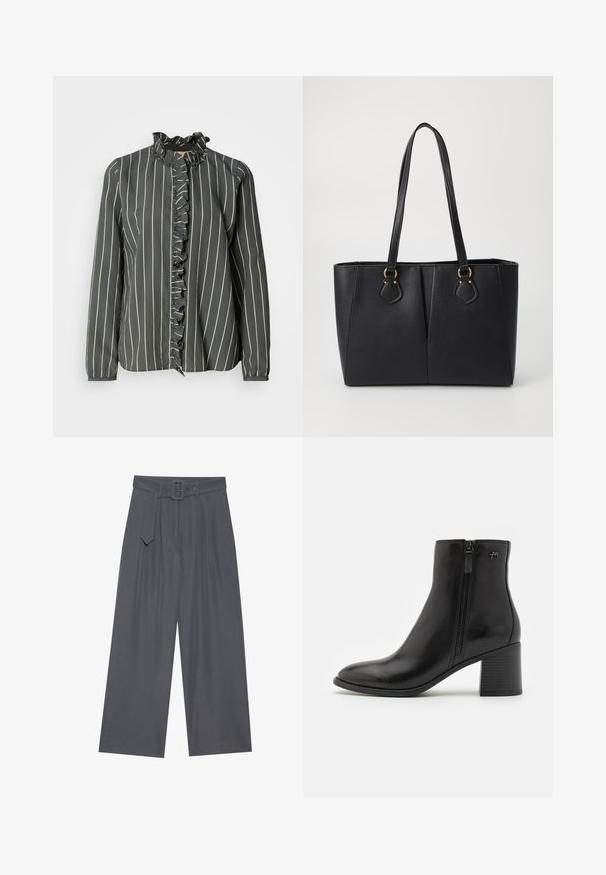 Mos Mosh STRIPE SHIRT - Skjortebluser - urban chic; Breddebenede bukser i mørkegrå stof med bælte, der har forskydninger foran og en glat tekstur. Ingen yderligere mønstre eller accenter.; Sorte ankelstøvler lavet af glat læder med en lynlås på siden. De har en spids tå og en tekstureret blokhæl for stabilitet.; Sort faux læder tote taske med en tekstureret finish, to lange håndtag og hardware i guld tone-accenter på siden. Rektangulær form.