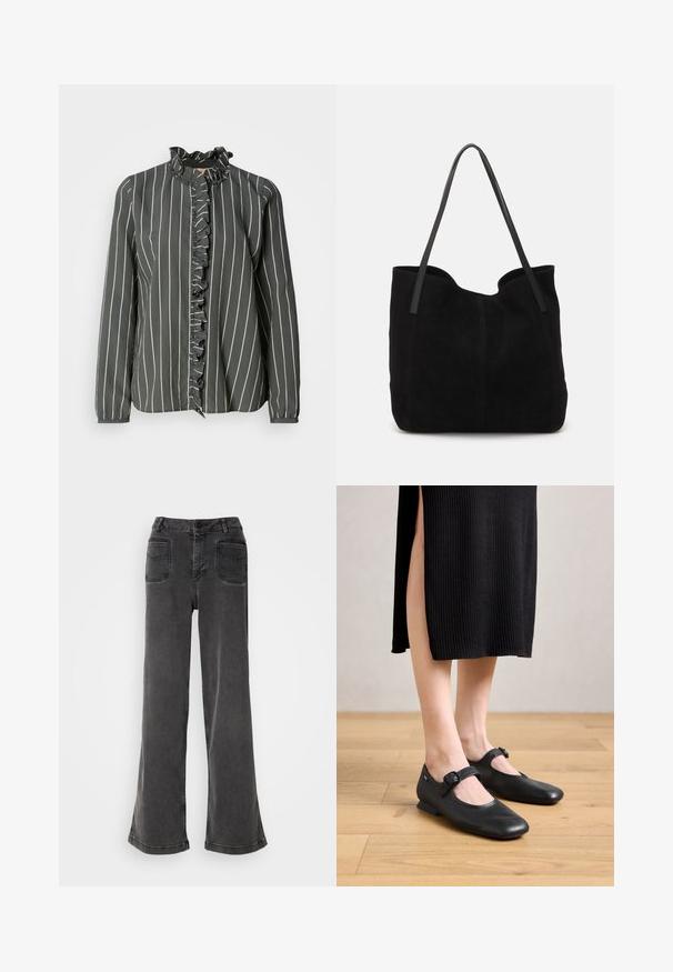 Mos Mosh STRIPE SHIRT - Hemdbluse - urban chic; Hoch geschnittene, weit geschnittene schwarze Jeans aus Denim, ausgestattet mit einem Knopfverschluss, Gürtelschlaufen und zwei hinteren Taschen mit gestickten Akzenten.; Schwarze Leder-Mary Jane-Ballerinas mit einem kleinen Absatz, runder Zehenpartie und einem seitlichen Schnallen-Detail. Das strukturierte Design erhöht die visuelle Attraktivität.; Schwarze Wildleder-Umhängetasche mit zwei langen, flachen Ledergriffen. Sie verfügt über eine gewölbte obere Kante und sichtbare Nähte auf der Vorderseite. Keine Hardware-Details.