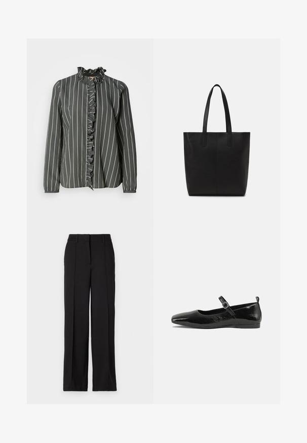 Mos Mosh STRIPE SHIRT - Blúzka so zapínaním na gombíky - urban chic; Čierne nohavice so striktným strihom, s dvoma prednými záhybmi, pásom a bez viditeľných vreciek či ozdôb.; Čierne lakované baleríny s špicatou špičkou, remienkom na členku so sponou a hladkým, lesklým povrchom. Nízky podpätok pre pohodlie.; Čierna taška na rameno vyrobená z textúrovaného materiálu, s dvoma dlhými uchami a jednoduchým, minimalistickým dizajnom bez viditeľného kovania.